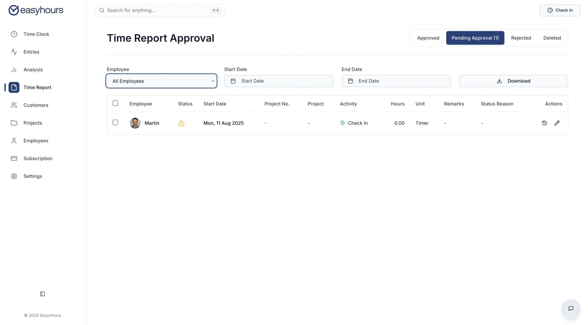 EasyHours Time Tracking Dashboard